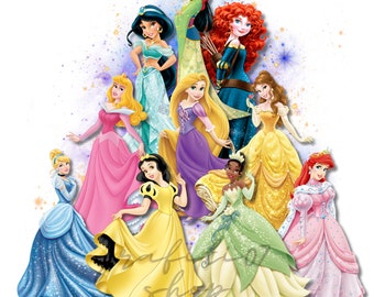 Princess all together design, Princess watercolor design, princess clipart, Rapunzel clipart, Princess Ariel, Snow white clipart, Tiana png