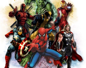 Clipart di Avengers, clipart di supereroi, Spiderman png, Wolverine png, Thor png, Deadpool png, Hulk png, Capitan America clipart, design png