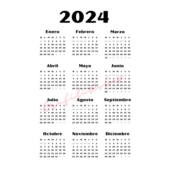 Calendario español png, calendario 2024 png, calendario español 2024,  calendario de fondo transparente, descarga instantánea