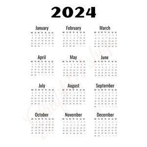 Calendar 2024, 2024 calendar png, transparent background calendar, 2024 New year calendar, instant download (most preferred)