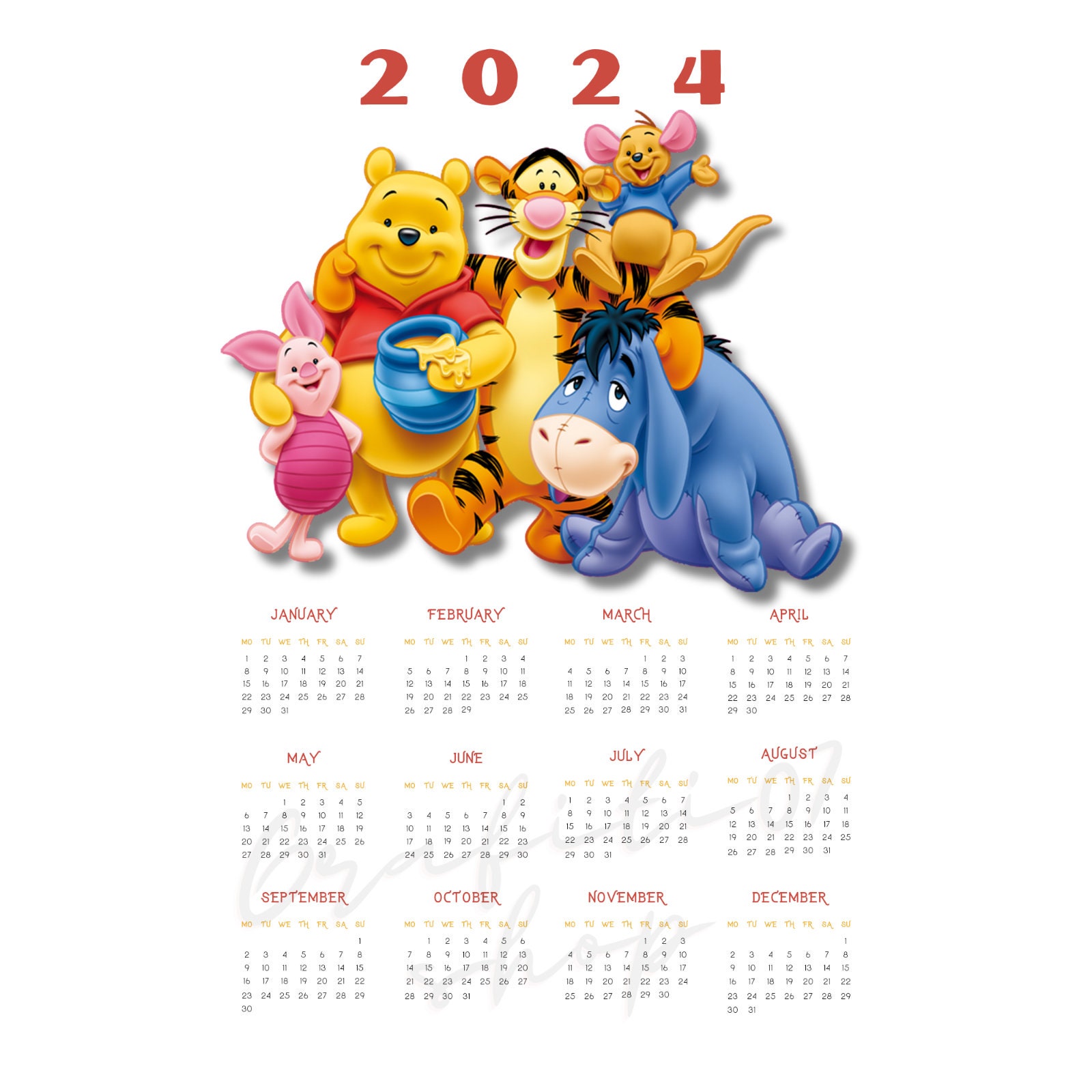 Winnie the Pooh Clipart, 2024 Calendar, New Year Calendar, Calendar