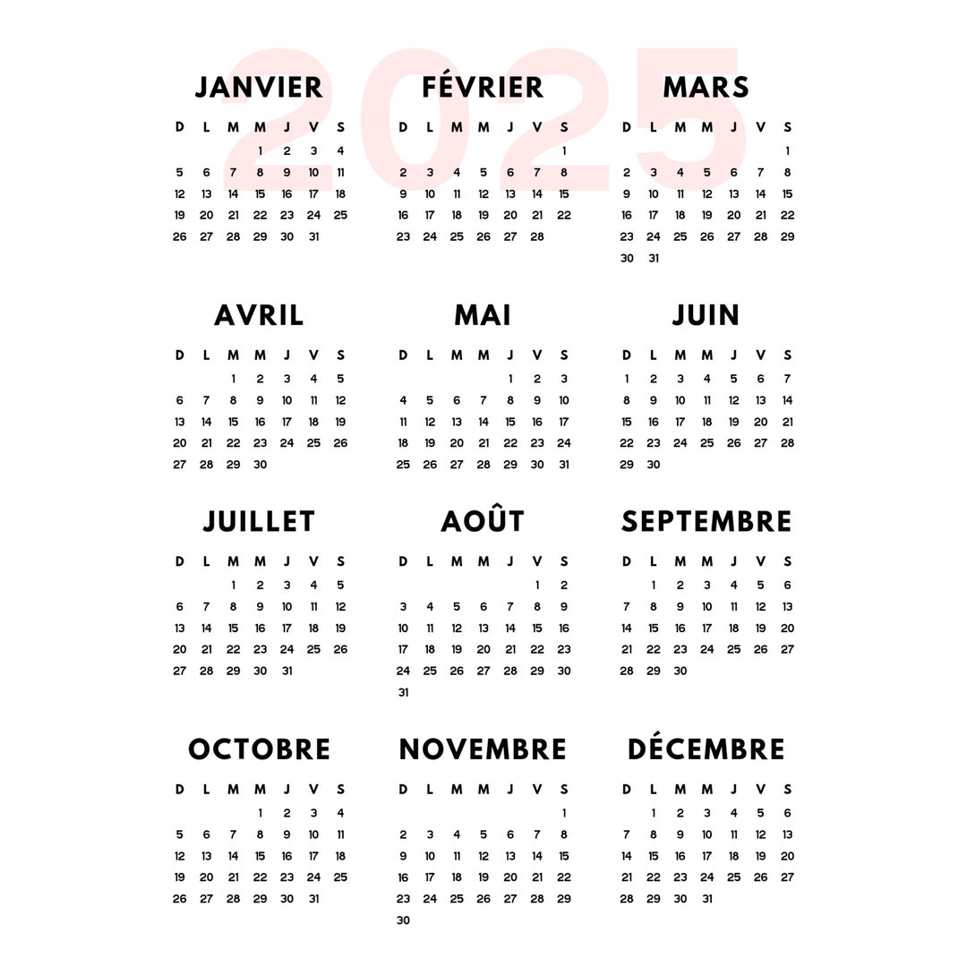Calendrier français 2025, calendrier annuel, calendrier png, calendrier 2025 png, image