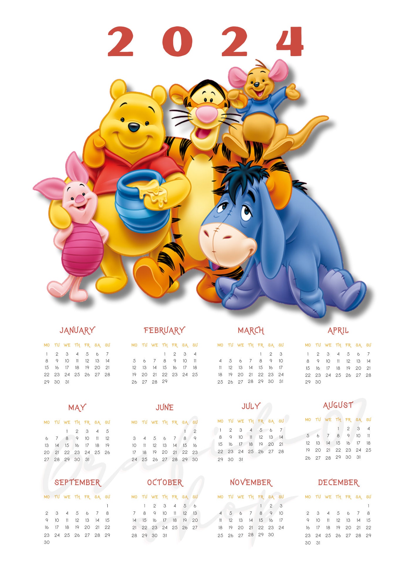 Winnie the Pooh Clipart, 2024 Calendar, New Year Calendar, Calendar