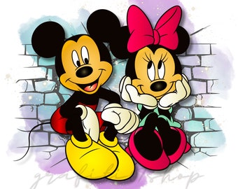 Disegno ad acquerello di Topolino, disegno ad acquerello di Minnie, clipart di Topolino, clipart di Minnie, png di Topolino, download immediato