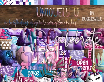 Unikat U, Digital Scrapbook Kit, Mädchen Geburtstag, Einhorn Thema, digitaler Download