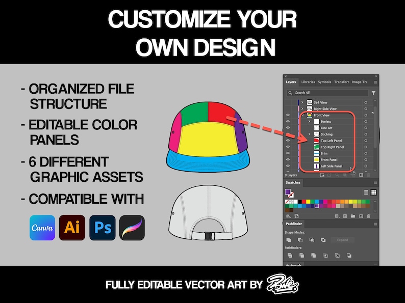 Fully Editable Five Panel Camp Hat Vector Art Fashion Template Eps Psd ...