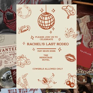 Puede incluir: Un collage de elementos temáticos de fiesta con temática del oeste. Incluye una bola de discoteca, sombrero de vaquero, dados y texto que dice "Rachel's Last Rodeo" y "Cowgirls Allowed Only". La paleta de colores es principalmente roja, beige y marrón.