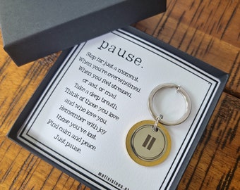 Pause Symbol Keychain: Stainless Steel & Brass Charm, Encouragement Gift