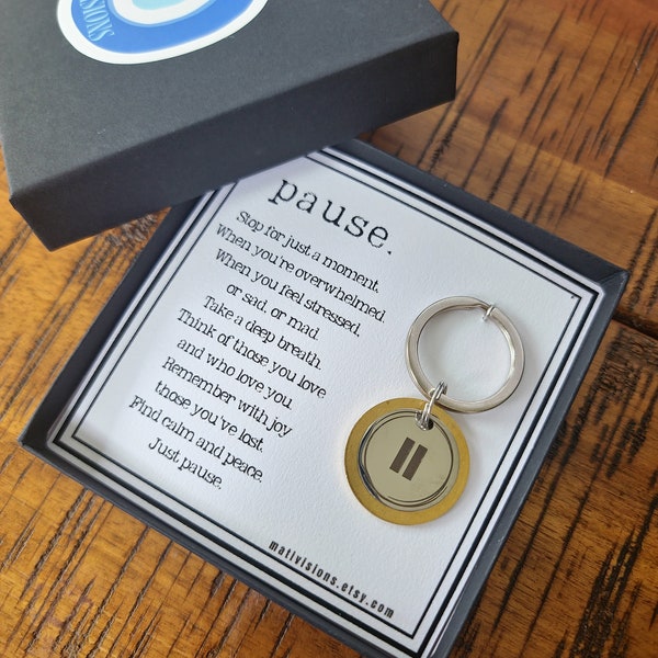 Pause Symbol Keychain: Stainless Steel & Brass Charm, Encouragement Gift
