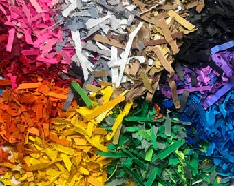 May include: A close-up image of shredded paper in various colours, including pink, orange, yellow, green, blue, purple, grey, and brown.