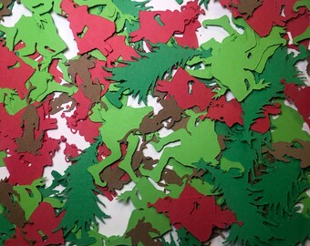 May include: Assortment of paper cutouts in red, green, and brown. The cutouts are in the shapes of Christmas trees, reindeer, and Santa Claus.