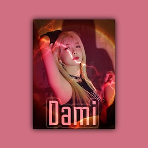 May include: A woman with long blonde hair poses in a dark room with red and yellow lightning effects. The word "Dami" is written in a bold, neon-like font.