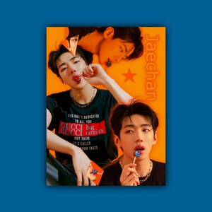 May include: A collage of images featuring a young man with dark hair. He is wearing a black t-shirt with the text "GUCCI bag GUCCI carriers" printed on it. He is holding a lollipop in his mouth and a red star is visible in the background. The text "Jaechan" is written vertically in orange on the right side of the image.