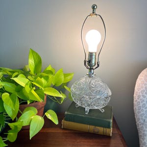 May include: A clear, vintage-style glass lamp with a decorative cut-glass design. The lamp sits atop two antique books and features a silver-toned metal base and a lit lightbulb. A potted green plant is in the background.