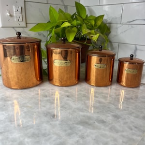 Set di 4 barattoli vintage rari Revere Ware in rame e ottone per farina, zucchero, tè e caffè, stile francese, cucina rustica.