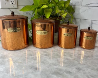 Vintage Rare  Revere Ware Copper & Brass Canister Set 4pc Flour Sugar Tea Coffee French Kitchen Cottage Core