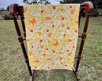 Vintage Butterfly Floral Flat Sheet 82x93 Yellow Leaves Mid Century Bedding Twin