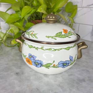 Vintage Floral Emaille Kasserolle Topf Messing Griffe Cottagecore Dutch Oven