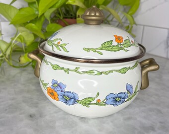 Vintage Floral Enamelware Casserole Pot Brass Handles Cottagecore Dutch Oven