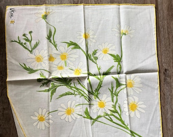 Set di 4 tovaglioli di lino vintage Vera Neumann con motivo floreale a margherite e bordo giallo, firmati Vera, anni '60, biancheria da tavola di metà secolo *Macchiati