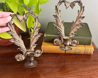 Vintage Brass Wall Candle Sconces | Pair of Thistle Leaf Sconces | Art Nouveau Style Wall Decor | Hollywood Regency Brass