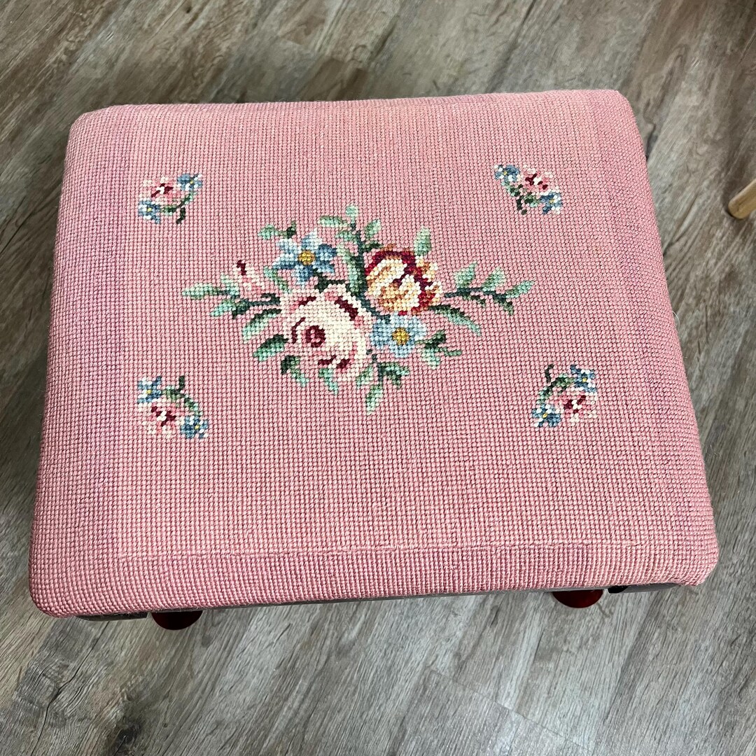 Vintage Needlepoint Footstool Pink Floral Upholstered Stool Queen Anne ...