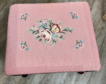 Vintage Needlepoint Footstool Pink Floral Upholstered Stool Queen Anne Legs Cottage Decor