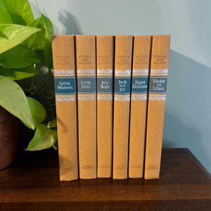 Op de afbeelding: Een verzameling van zes vintage boeken van Louisa May Alcott. De boeken hebben bruinachtige kaften met teal en gouden accenten. Titels zijn onder meer "Little Women", "Little Men", "Jo's Boys", "Jack and Jill", "Eight Cousins" en "Under the Lilacs".