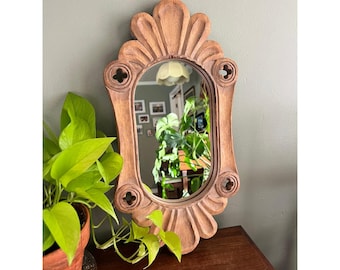 Vintage Carved Wood Wall Mirror Scalloped Frame Quatrefoil Detail 19x10