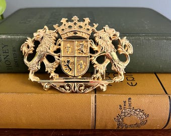 Fibbia per cintura vintage da donna con stemma araldico, color oro, leone e corona, stile Ralph Lauren