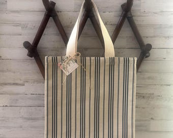 Navy and Beige Striped Tote Bag