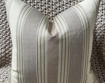 Taupe, Green and Cream Striped Pillow Cover