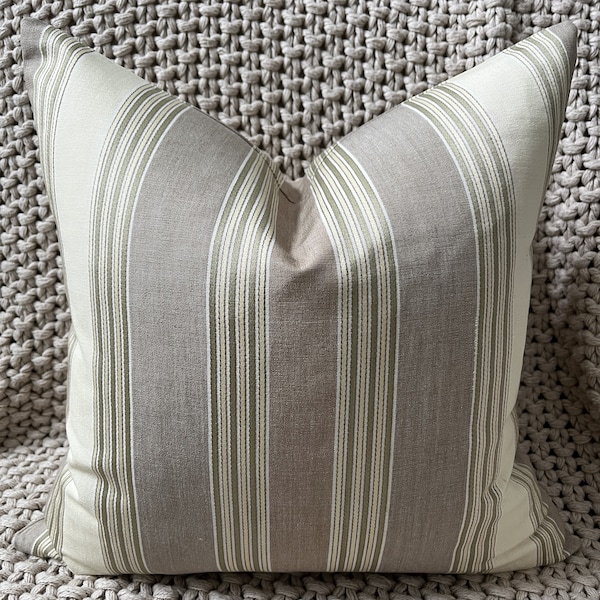 Taupe, Green and Cream Striped Pillow Cover
