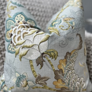 Platinum and Teal Jacobean Floral Pillow Cover