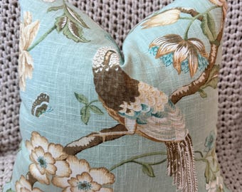 Sea Green Floral and Bird Pillow Cover