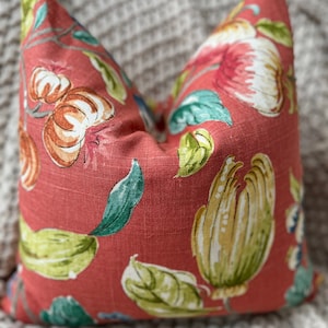 Soft Red Floral Linen Pillow Cover