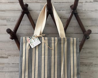 Navy and Beige Striped Tote Bag