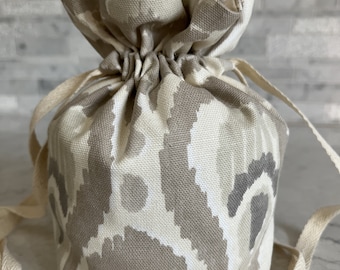 Modern Ikat Brown and Gray Drawstring Bag