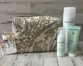 Lined and Zippered Neutral Paisley and Floral Boxy Cosmetic and Toiletry Bag