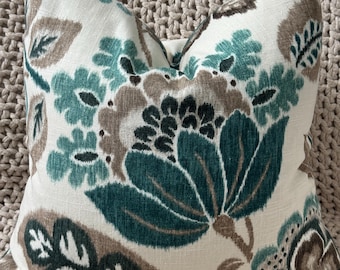 Teal and Taupe Floral Pillow Cover