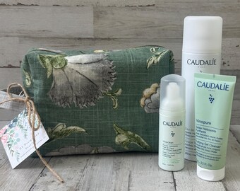 Lined and Zippered Green and Lavender Floral Print Boxy Cosmetic and Toiletry Bag