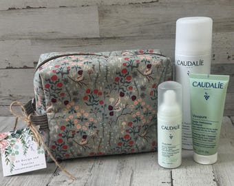 Lined and Zippered Woodland-Themed Floral and Mushroom Boxy Cosmetic and Toiletry Bag