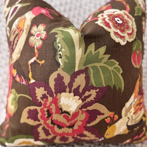 Chocolate Brown Floral and Bird Pillow Cover
