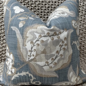 Slate and Neutral Jacobean Floral Pillow Cover