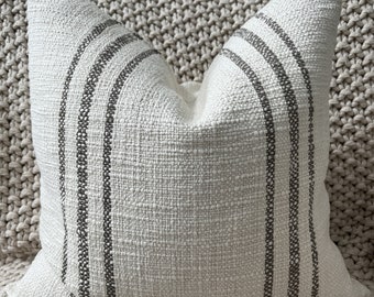 Rustic Ivory Cotton Pillow Cover with Charcoal Stripes