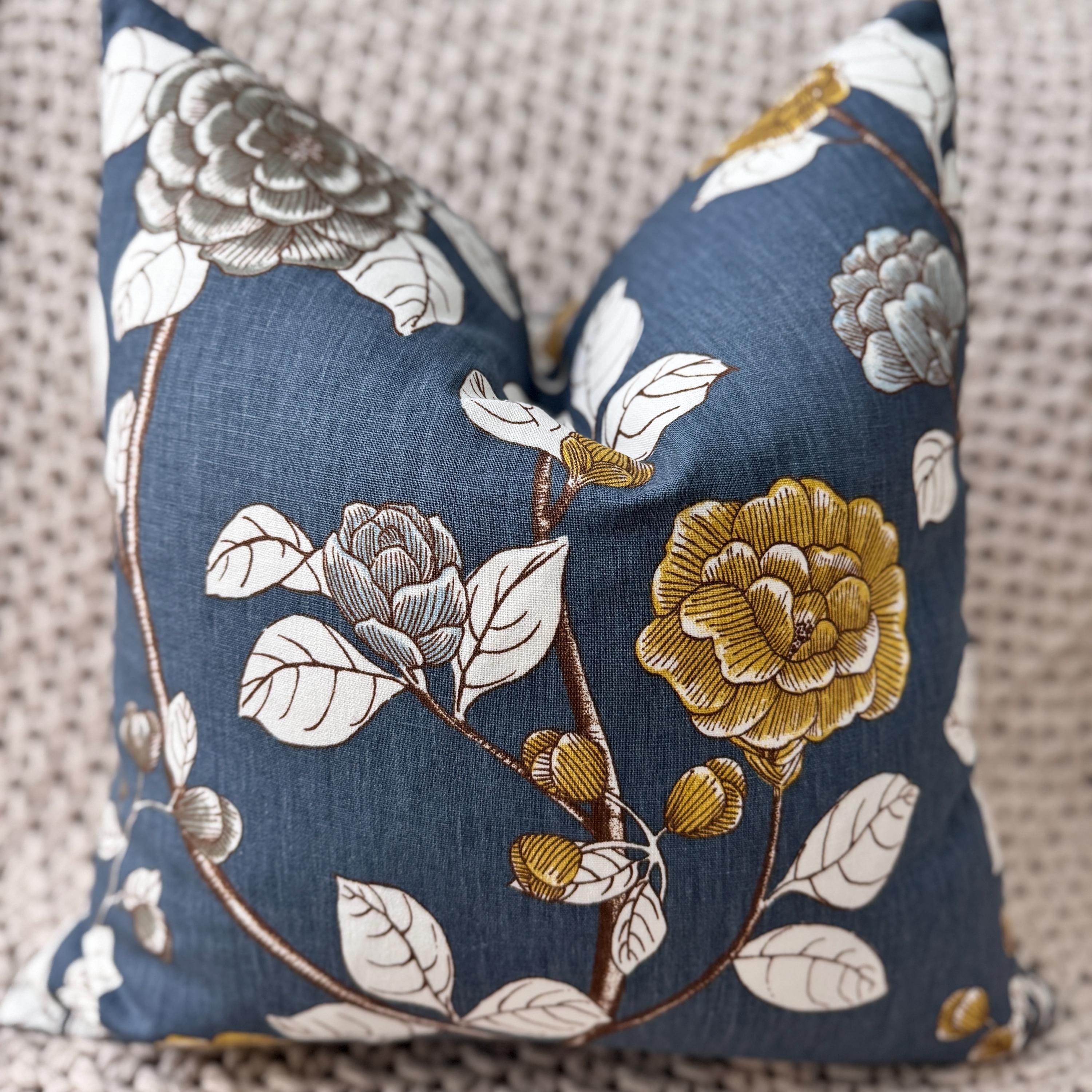 Gold, Brown and Blue Floral Pillow Cover