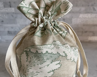 Neutral Cream and Green Floral Drawstring Bag