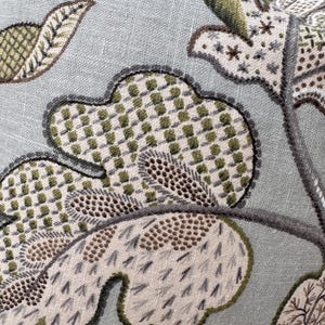 Peut inclure: Gros plan sur un tissu &agrave; motif floral. Le tissu est de couleur bleu clair avec des accents bruns, verts et blancs. Le motif repr&eacute;sente des feuilles et des fleurs avec un design &agrave; carreaux.