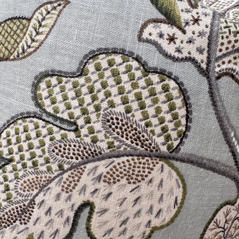 Peut inclure: Gros plan sur un tissu &agrave; motif floral. Le tissu est de couleur bleu clair avec des accents bruns, verts et blancs. Le motif repr&eacute;sente des feuilles et des fleurs avec un design &agrave; carreaux.