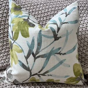 Aqua and Citron Floral Linen Pillow Cover